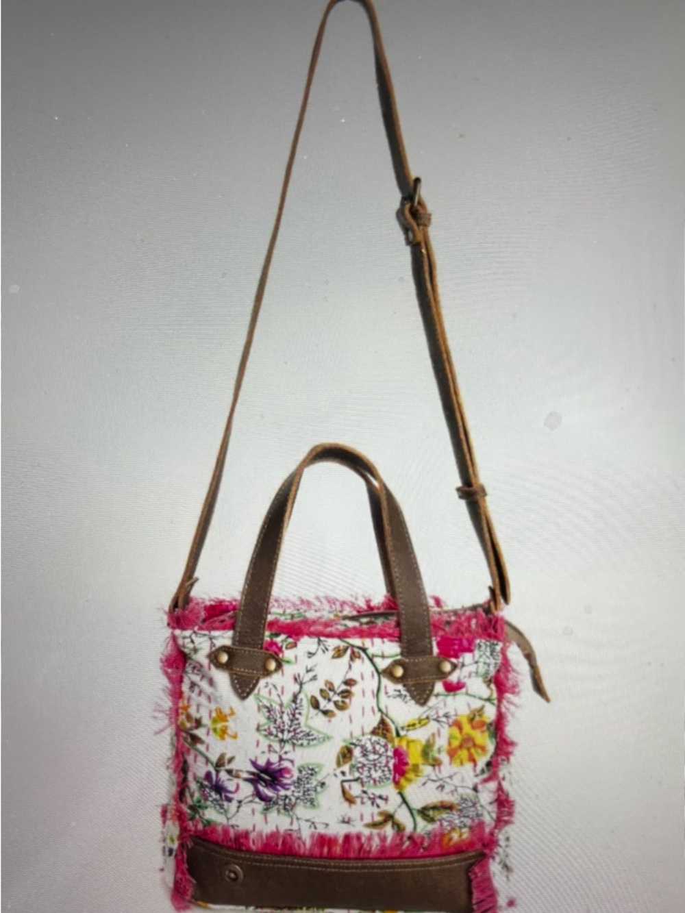 Myra Bag White Floral Crossbody with Pink Fringe and Brown Trim - Picture 2 of 9